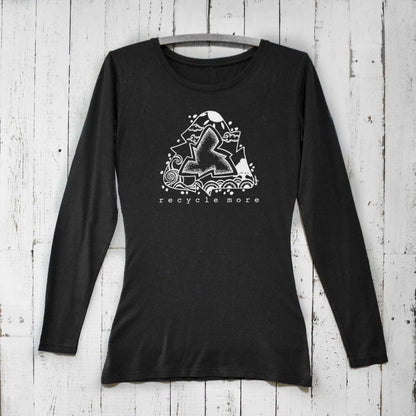 Women’s Recycle Symbol Long Sleeve T-Shirt in black bamboo and organic cotton. Eco-friendly sustainable top with 'Recycle More' graphic print.