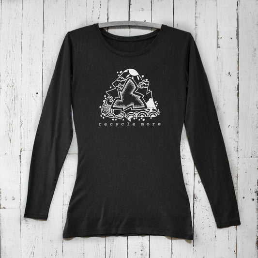 Women’s Recycle Symbol Long Sleeve T-Shirt in black bamboo and organic cotton. Eco-friendly sustainable top with 'Recycle More' graphic print.