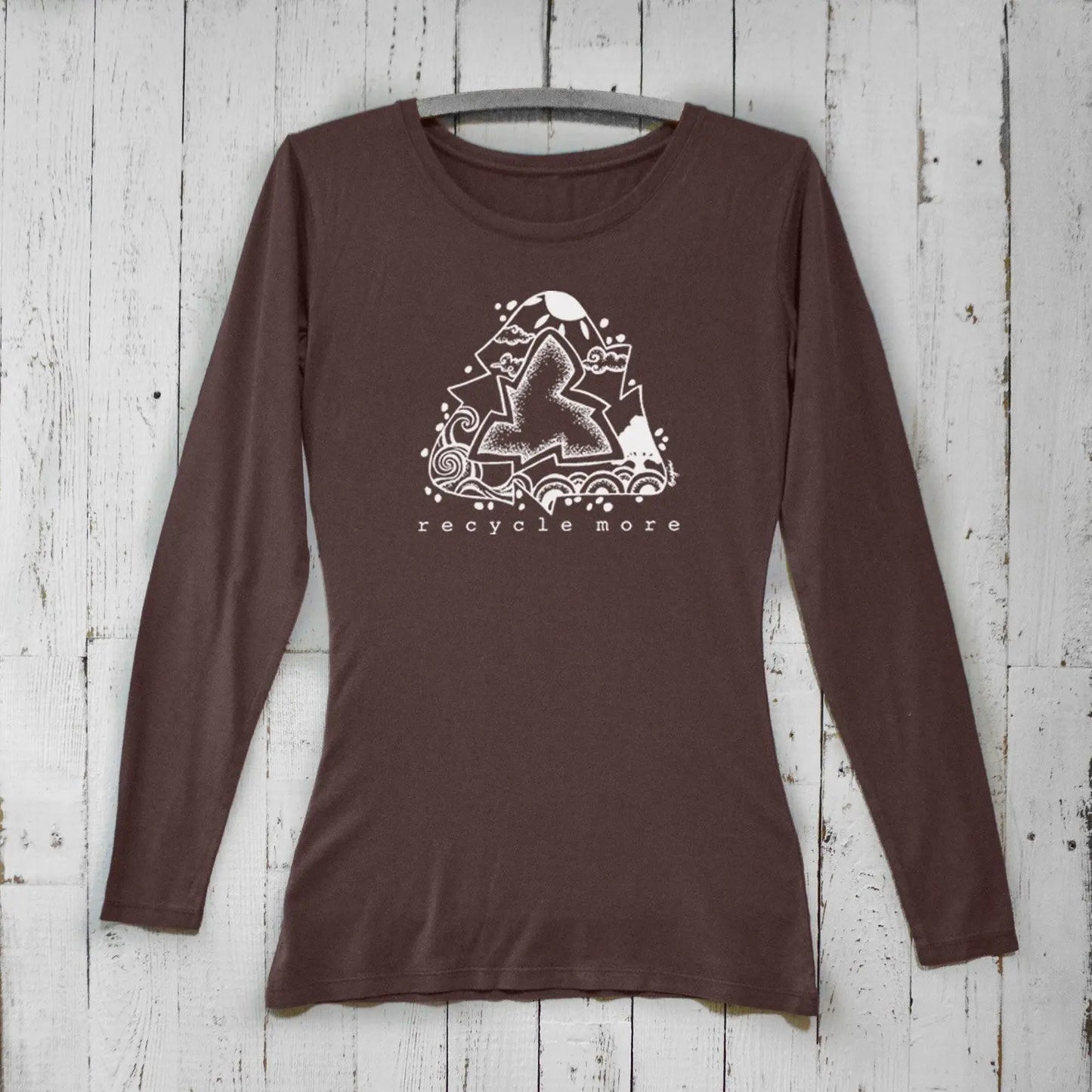 Dark brown women’s bamboo and organic cotton long sleeve tee with white recycle symbol and 'Recycle More' message. Sustainable eco-conscious shirt.