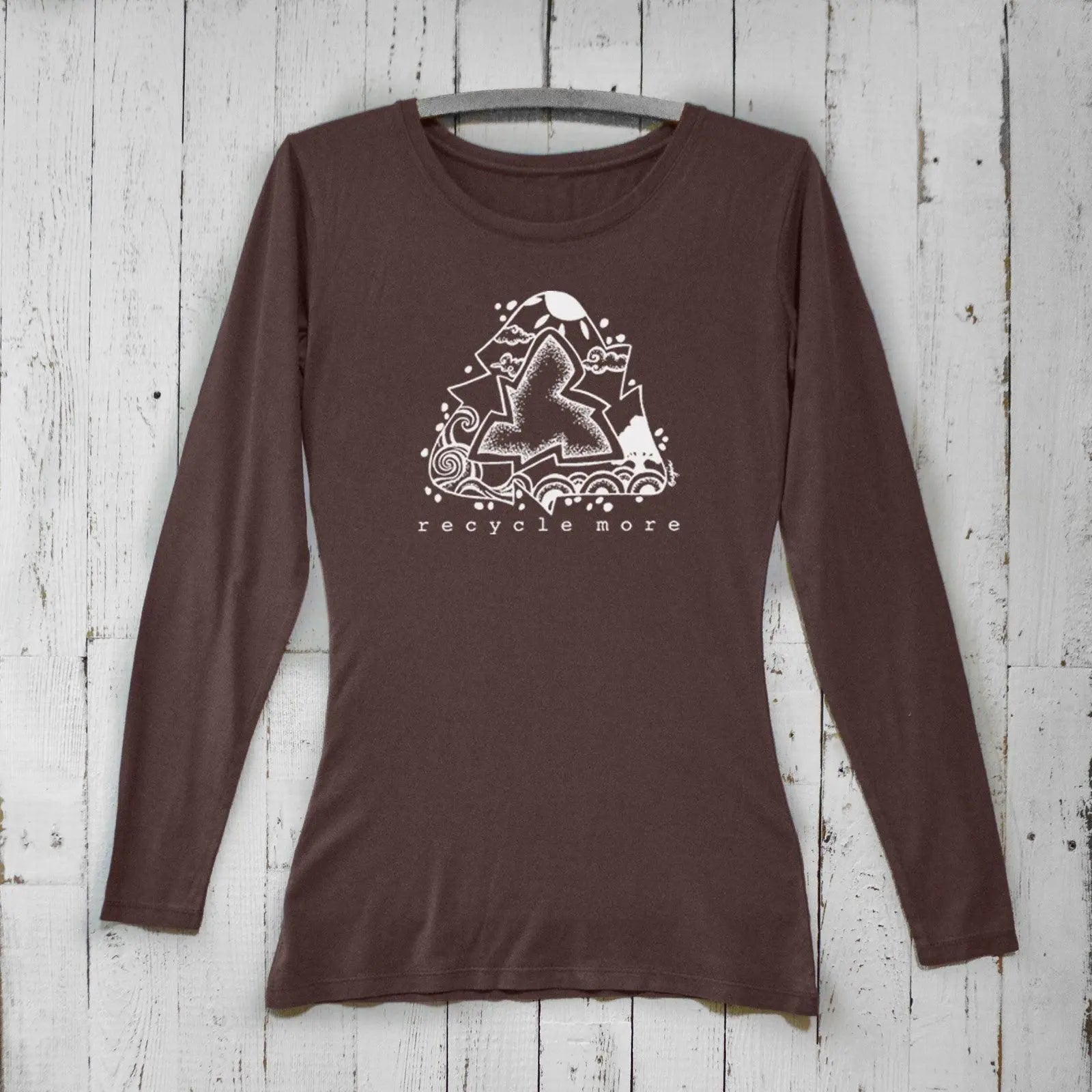 Dark brown women’s bamboo and organic cotton long sleeve tee with white recycle symbol and 'Recycle More' message. Sustainable eco-conscious shirt.