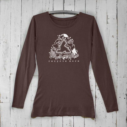 Dark brown women’s bamboo and organic cotton long sleeve tee with white recycle symbol and 'Recycle More' message. Sustainable eco-conscious shirt.