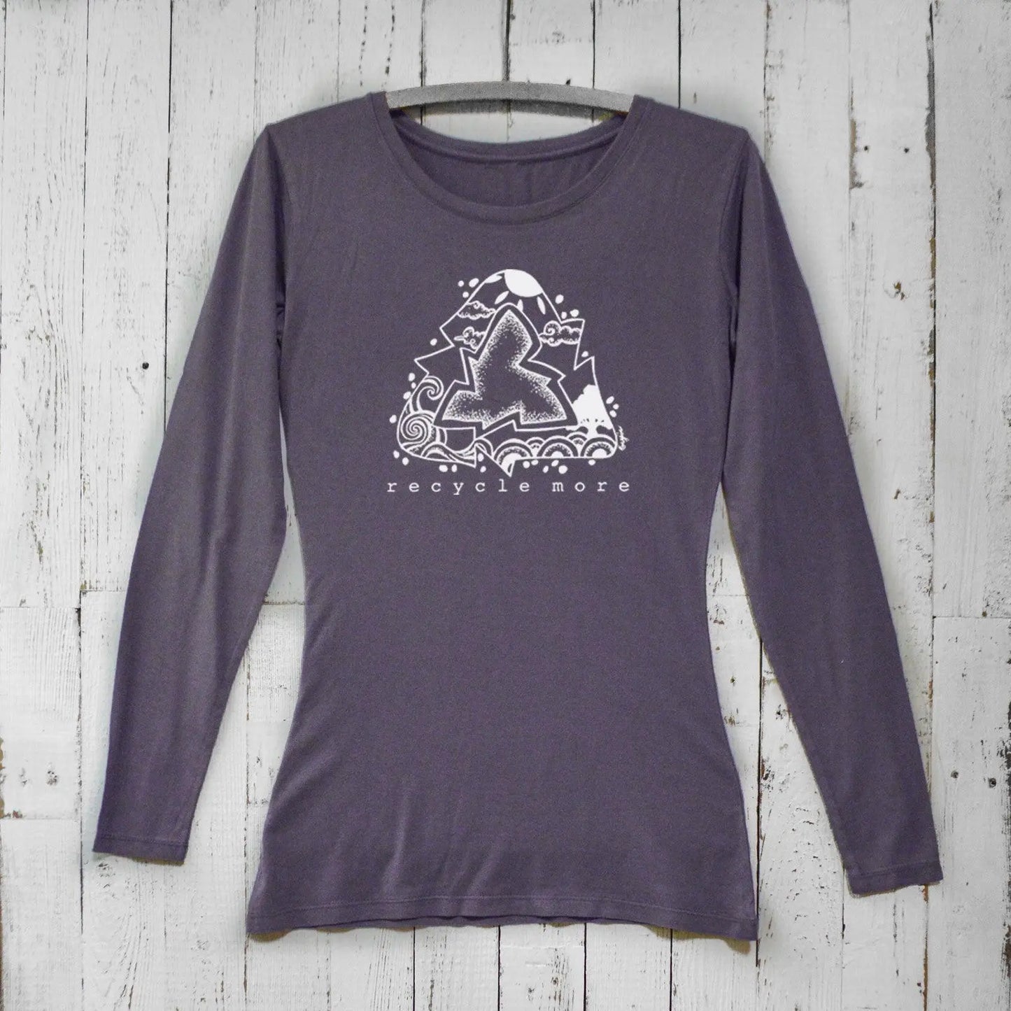 Dark purple women’s sustainable long sleeve t-shirt with eco-friendly 'Recycle More' design. Made from bamboo and organic cotton blend.