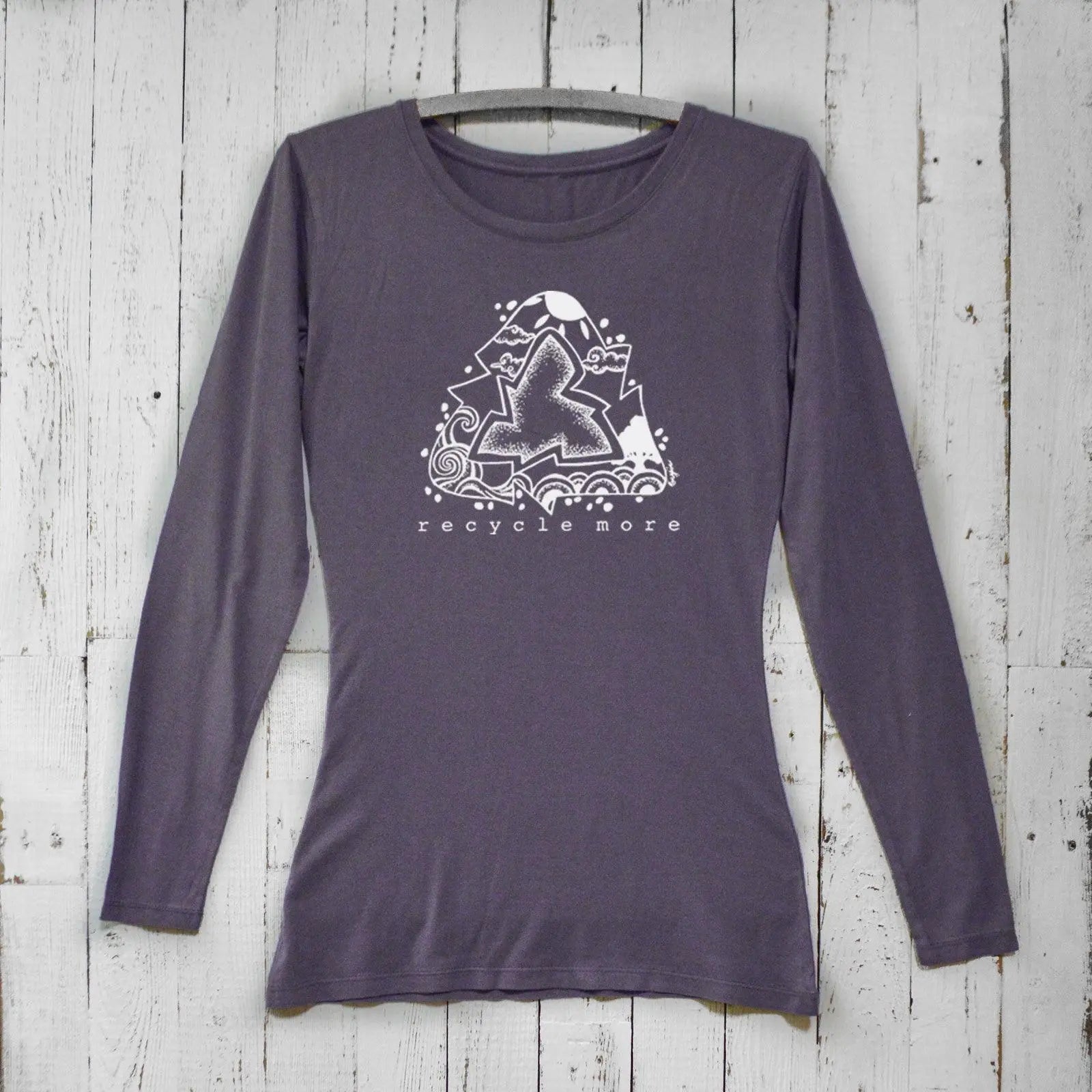 Dark purple women’s sustainable long sleeve t-shirt with eco-friendly 'Recycle More' design. Made from bamboo and organic cotton blend.