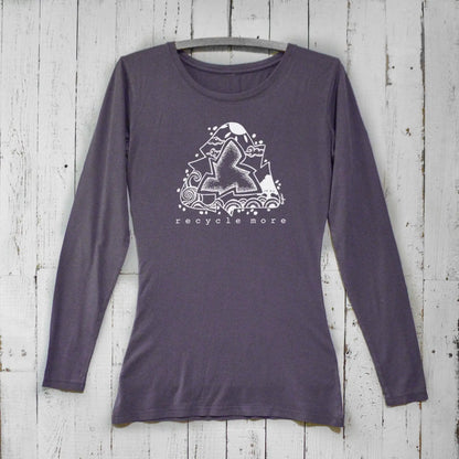 Dark purple women’s sustainable long sleeve t-shirt with eco-friendly 'Recycle More' design. Made from bamboo and organic cotton blend.