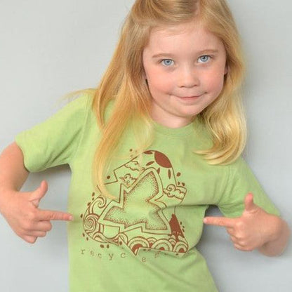 Kids' Green Living Organic Cotton T-Shirt in light green with 'Recycle More' graphic, modeled by child. Eco-friendly tee with nature-inspired design.