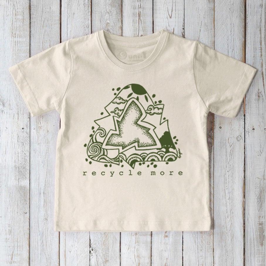 Kids' Green Living Organic Cotton T-Shirt in natural cream color featuring 'Recycle More' eco graphic. Sustainable and soft tee for children.