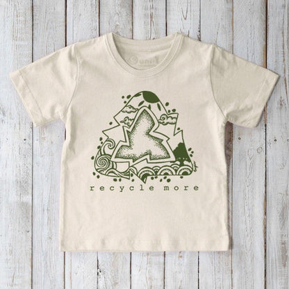 Kids' Green Living Organic Cotton T-Shirt in natural cream color featuring 'Recycle More' eco graphic. Sustainable and soft tee for children.