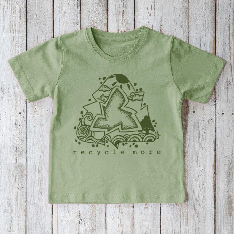 Eco-friendly Kids' Green Living Organic Cotton T-Shirt in sage green with 'Recycle More' message. Ideal for teaching sustainability to kids.