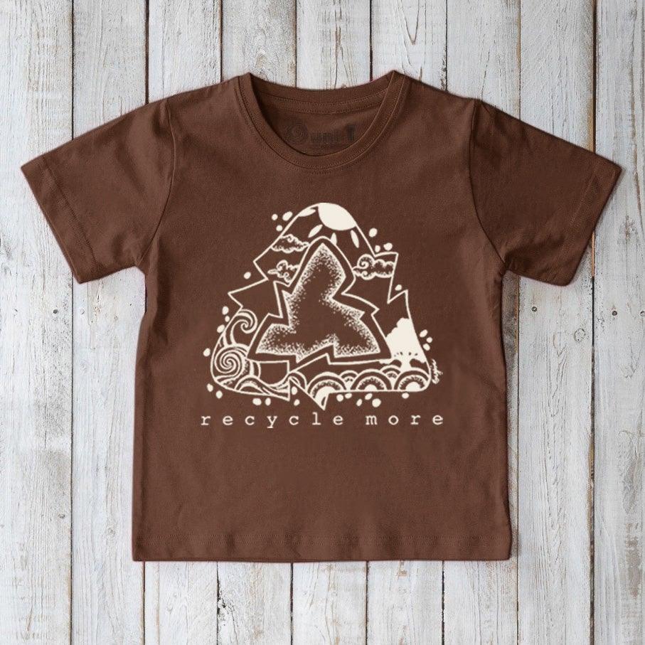 Brown Kids' Organic Cotton T-Shirt with white 'Recycle More' environmental graphic. Durable and sustainable clothing for eco-conscious children.