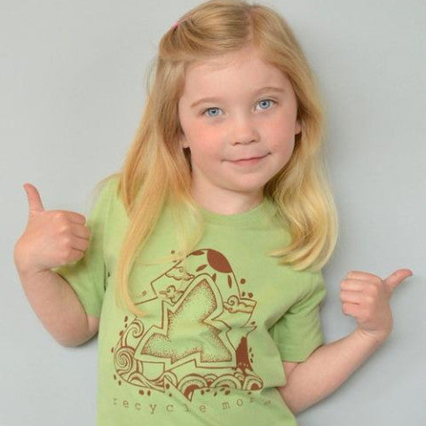 Light green Kids' Organic Cotton T-Shirt with 'Recycle More' design, modeled by child. Promotes green living through fun, wearable message.