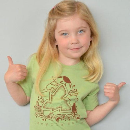 Light green Kids' Organic Cotton T-Shirt with 'Recycle More' design, modeled by child. Promotes green living through fun, wearable message.