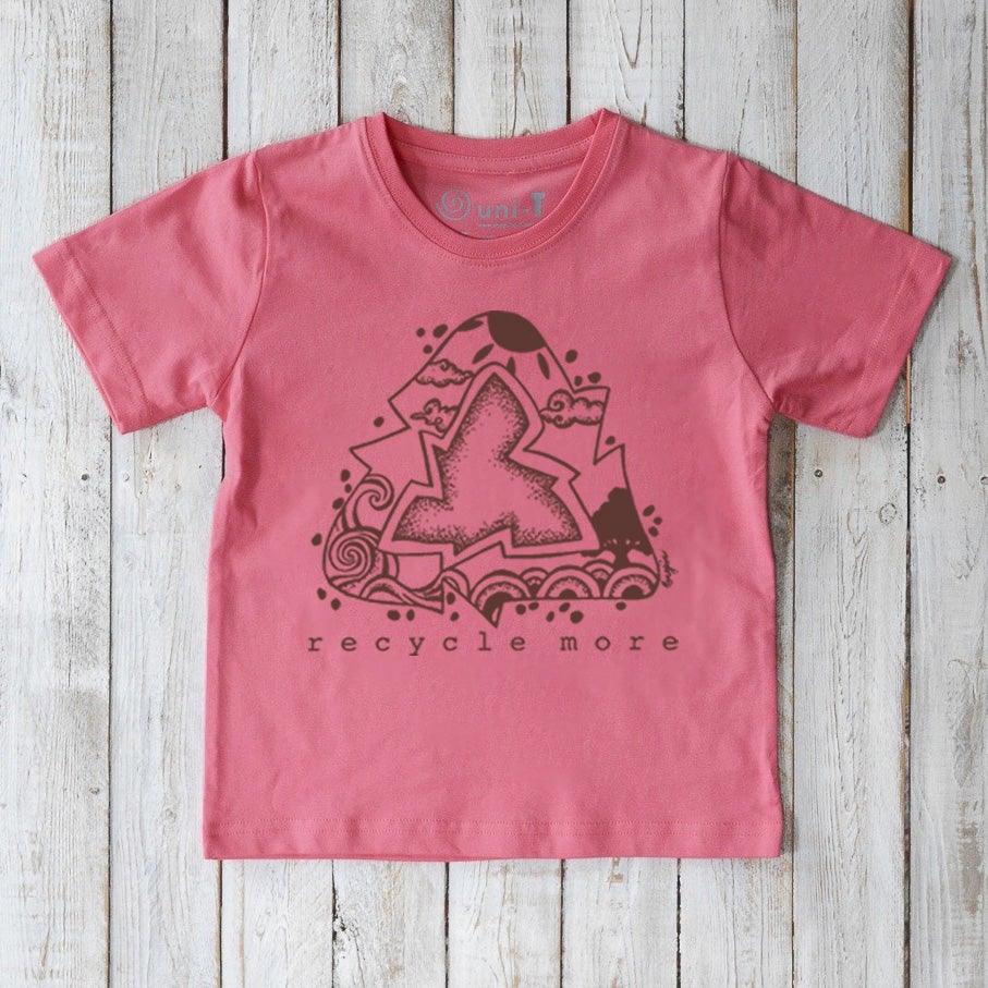 Pink Kids' Organic Cotton T-Shirt with dark eco-themed 'Recycle More' graphic. Sustainable fashion choice for environmentally aware children.