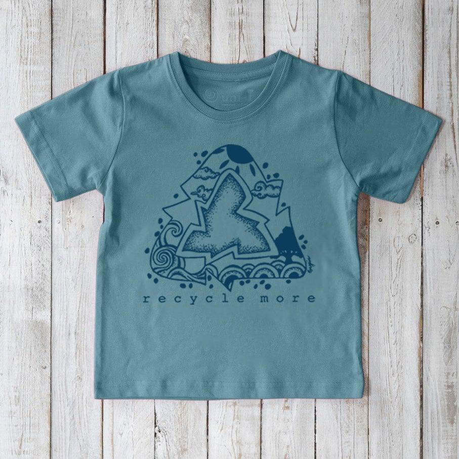 Blue Kids' Organic Cotton T-Shirt with navy 'Recycle More' graphic. Eco-conscious apparel promoting environmental awareness for kids.