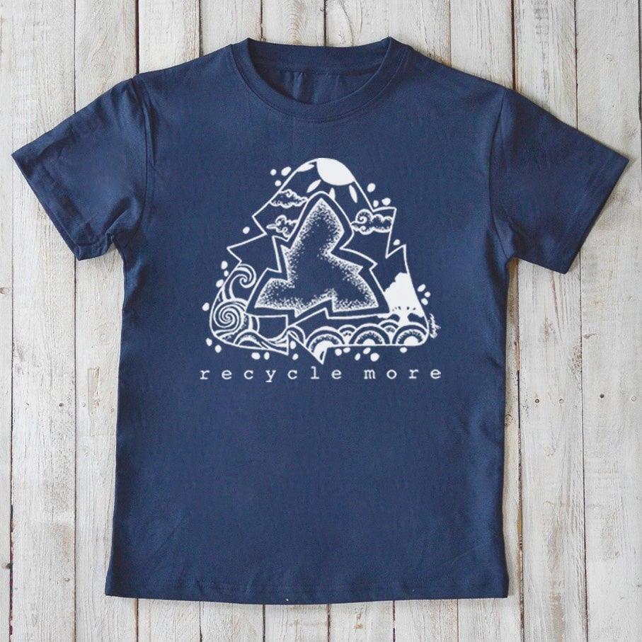 Navy blue Kids' Organic Cotton T-Shirt with white 'Recycle More' design. Sustainable and stylish tee for environmentally minded children.