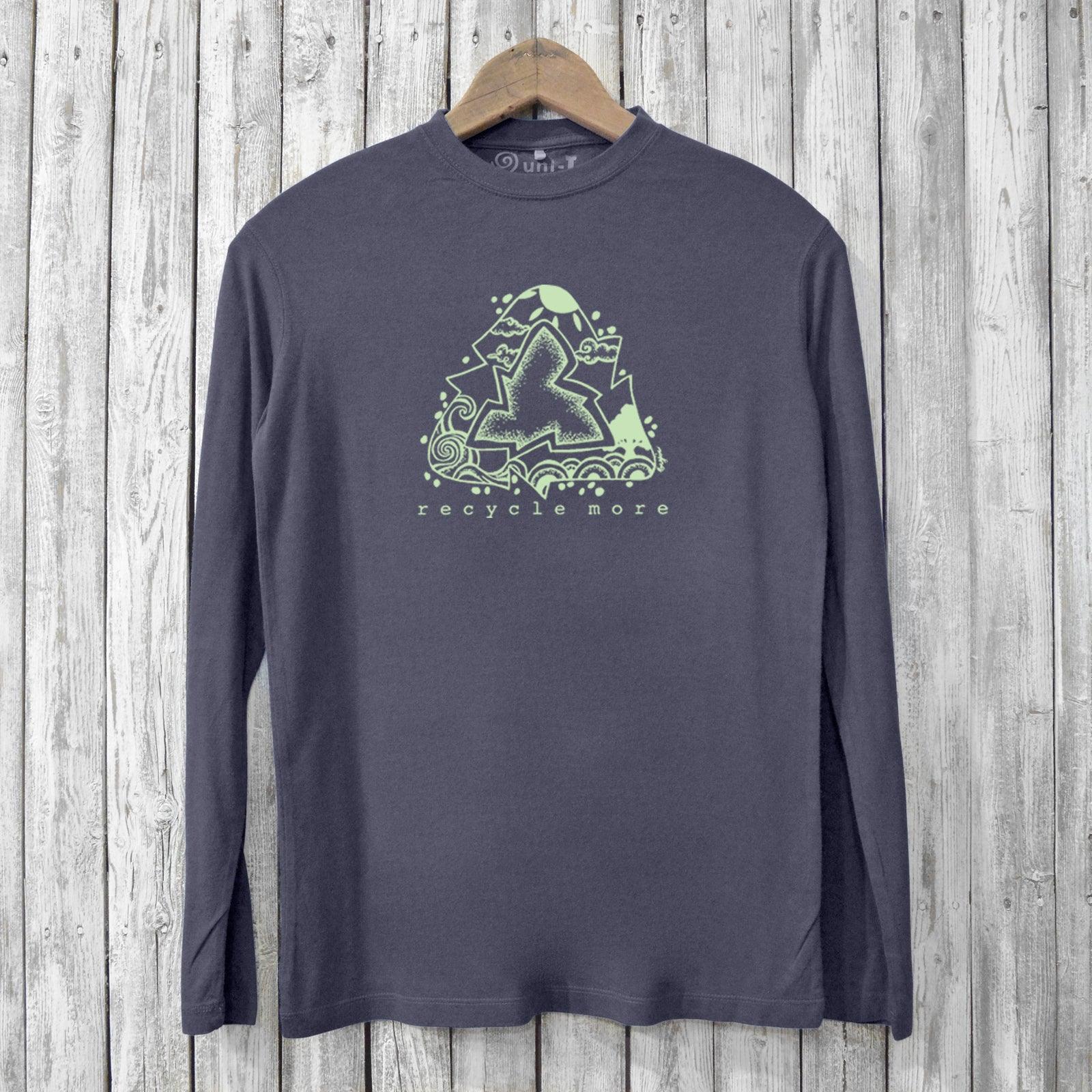 Eco-friendly 'Recycle More' men's long sleeve t-shirt in charcoal gray, made from bamboo and organic cotton. Features a green recycling graphic.