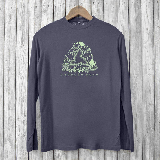 Eco-friendly 'Recycle More' men's long sleeve t-shirt in charcoal gray, made from bamboo and organic cotton. Features a green recycling graphic.