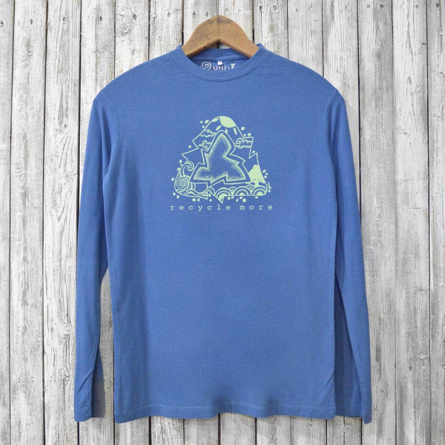 Sustainable blue 'Recycle More' long sleeve t-shirt for men with eco message and green recycle symbol, crafted from bamboo and organic cotton.