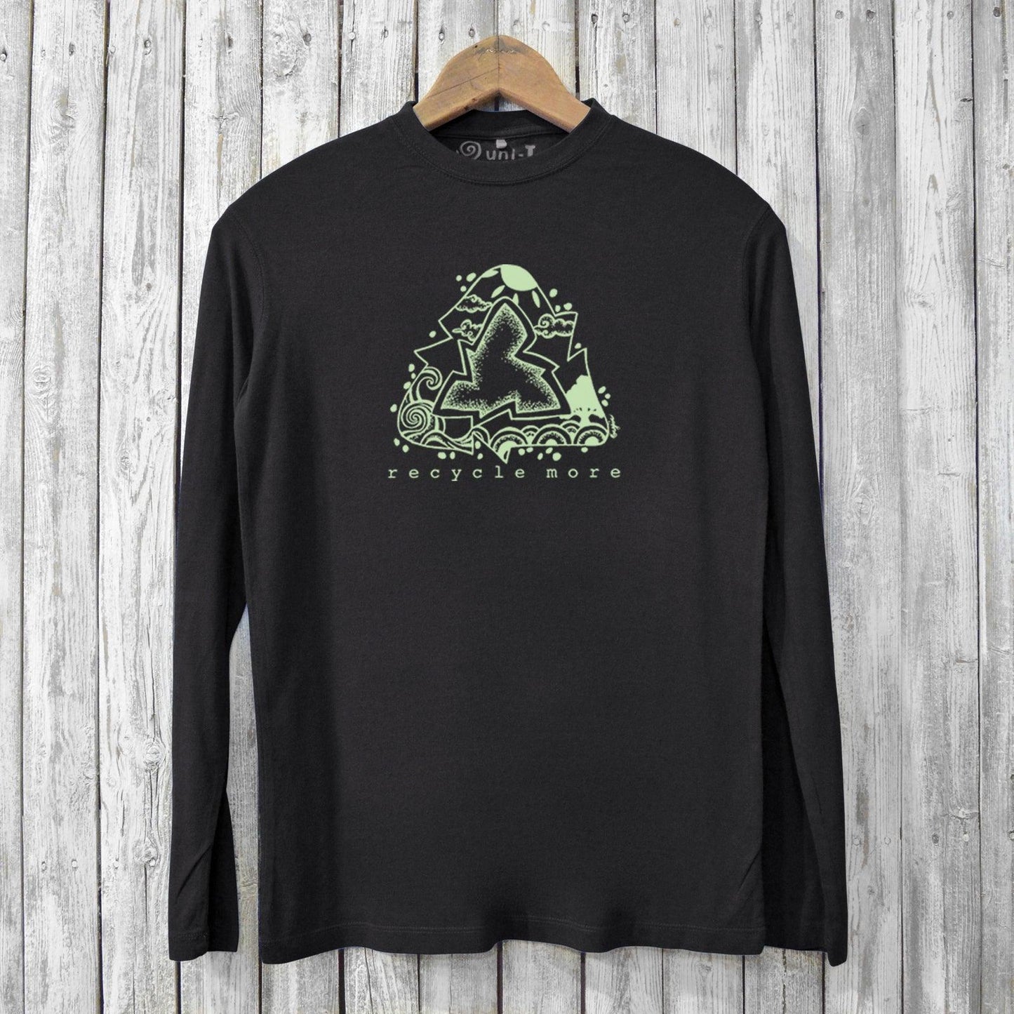 Black men's 'Recycle More' long sleeve graphic tee with green eco design, made from breathable bamboo and organic cotton for sustainable fashion.