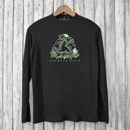 Black men's 'Recycle More' long sleeve graphic tee with green eco design, made from breathable bamboo and organic cotton for sustainable fashion.