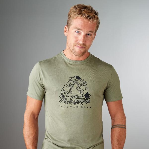 Men's Recycle Symbol T-Shirt in Bamboo & Organic Cotton, olive green with black eco design and 'recycle more' text, classic fit sustainable tee.