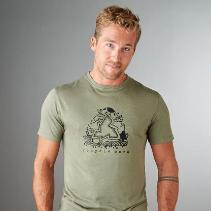 Men's Recycle Symbol T-Shirt in Bamboo & Organic Cotton, olive green with black eco design and 'recycle more' text, classic fit sustainable tee.