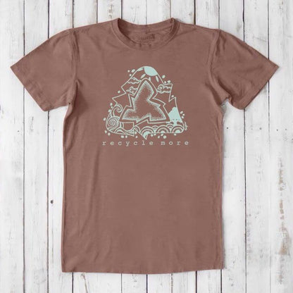 Eco-friendly men's bamboo and organic cotton t-shirt in brown with light blue recycle symbol and 'recycle more' text, sustainable casual wear.