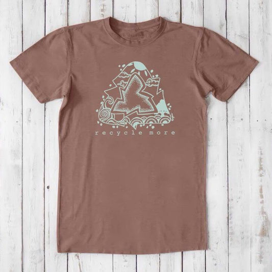 Eco-friendly men's bamboo and organic cotton t-shirt in brown with light blue recycle symbol and 'recycle more' text, sustainable casual wear.