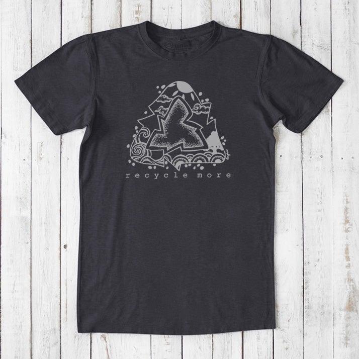 Sustainable men's graphic tee in charcoal black featuring grey recycle symbol and 'recycle more' message, made from bamboo and organic cotton.