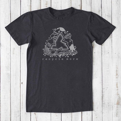Sustainable men's graphic tee in charcoal black featuring grey recycle symbol and 'recycle more' message, made from bamboo and organic cotton.