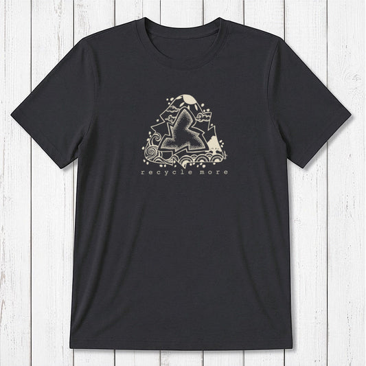 Sustainable men's graphic tee in charcoal black featuring grey recycle symbol and 'recycle more' message, made from bamboo and organic cotton.