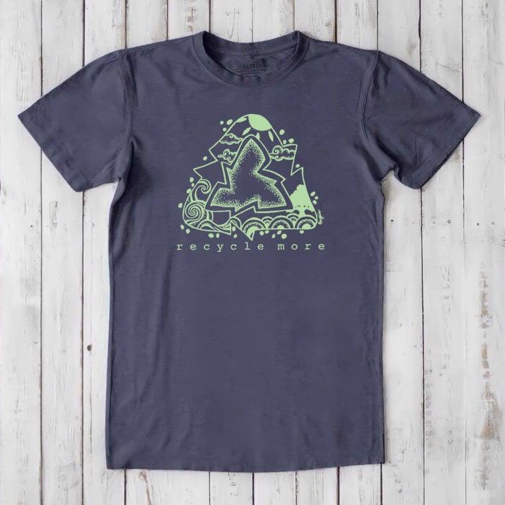 Men's navy blue bamboo and organic cotton t-shirt with light green recycle symbol graphic and 'recycle more' slogan, eco-conscious fashion.