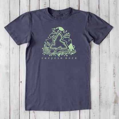 Men's navy blue bamboo and organic cotton t-shirt with light green recycle symbol graphic and 'recycle more' slogan, eco-conscious fashion.