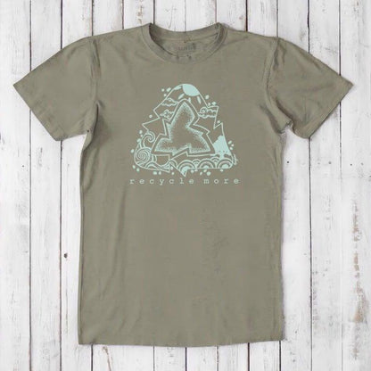 Khaki green men's t-shirt in bamboo and organic cotton with light blue recycle symbol and 'recycle more' print, sustainable everyday wear.