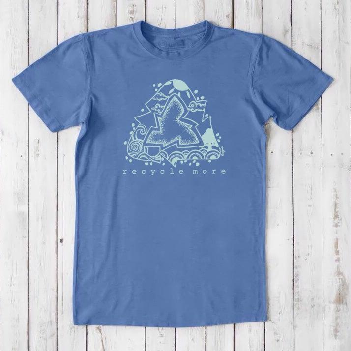 Blue eco-friendly men's t-shirt made from bamboo and organic cotton, featuring light blue recycle symbol and 'recycle more' graphic.