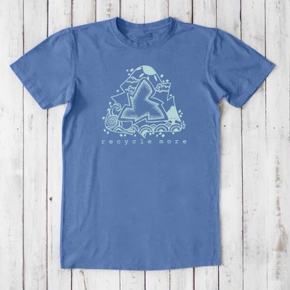 Blue eco-friendly men's t-shirt made from bamboo and organic cotton, featuring light blue recycle symbol and 'recycle more' graphic.