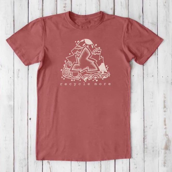 Rust red men's sustainable t-shirt with white recycle symbol and 'recycle more' message, crafted from bamboo and organic cotton blend.