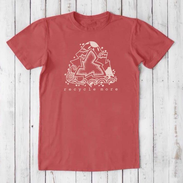 Coral red men's bamboo and organic cotton t-shirt with white recycle symbol and 'recycle more' design, eco-conscious gift idea.