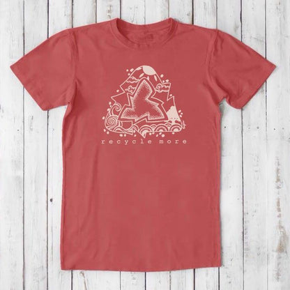 Coral red men's bamboo and organic cotton t-shirt with white recycle symbol and 'recycle more' design, eco-conscious gift idea.