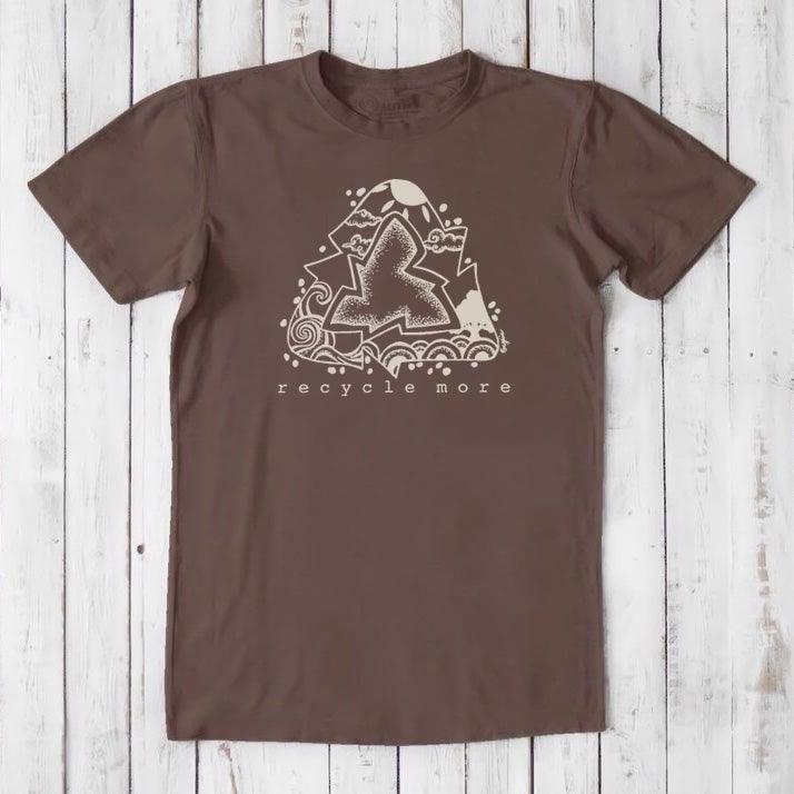 Brown men's eco-friendly t-shirt with cream recycle symbol and 'recycle more' print, made from bamboo and organic cotton for sustainable style.
