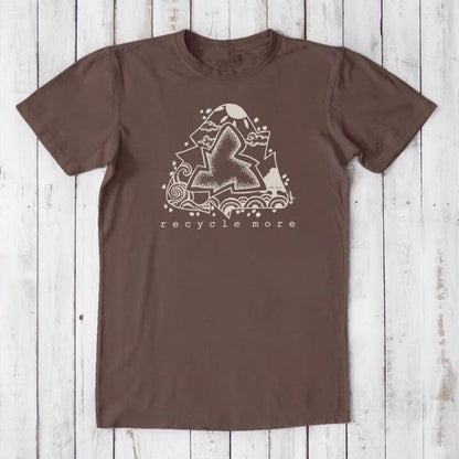Brown men's eco-friendly t-shirt with cream recycle symbol and 'recycle more' print, made from bamboo and organic cotton for sustainable style.