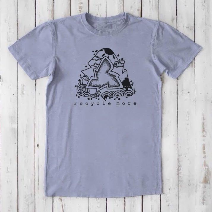 Light purple men's t-shirt in bamboo and organic cotton with black recycle symbol and 'recycle more' slogan, eco-conscious wardrobe staple.