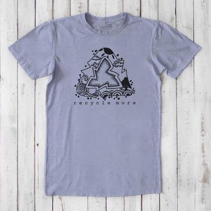 Light purple men's t-shirt in bamboo and organic cotton with black recycle symbol and 'recycle more' slogan, eco-conscious wardrobe staple.