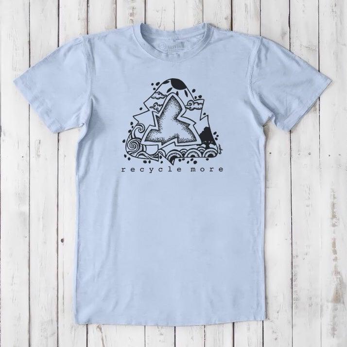 Sky blue men's sustainable t-shirt with black recycle symbol and 'recycle more' text, made from bamboo and organic cotton blend.