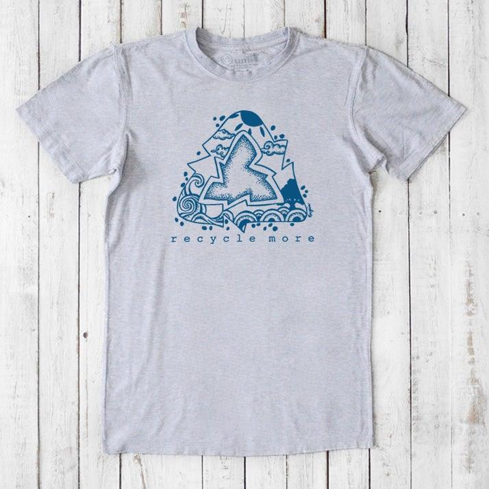 Heather grey men's bamboo and organic cotton t-shirt with blue recycle symbol and 'recycle more' message, eco-friendly casual top.