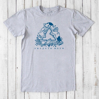 Heather grey men's bamboo and organic cotton t-shirt with blue recycle symbol and 'recycle more' message, eco-friendly casual top.