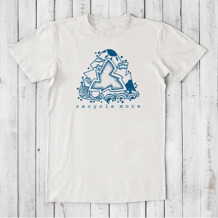 White men's sustainable t-shirt with blue recycle symbol and 'recycle more' print, made from bamboo and organic cotton for eco-conscious living.