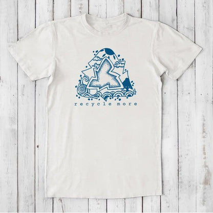 White men's sustainable t-shirt with blue recycle symbol and 'recycle more' print, made from bamboo and organic cotton for eco-conscious living.