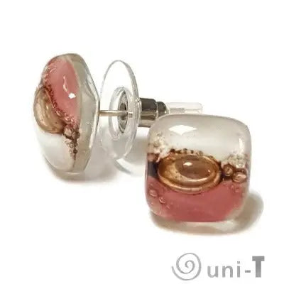 Recycled glass Stud Earrings. Pink, White and brown Earrings Studs. Fused Glass jewelry. Small earrings Carolina Portillo