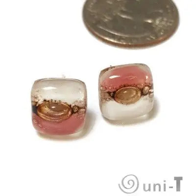 Recycled glass Stud Earrings. Pink, White and brown Earrings Studs. Fused Glass jewelry. Small earrings Carolina Portillo