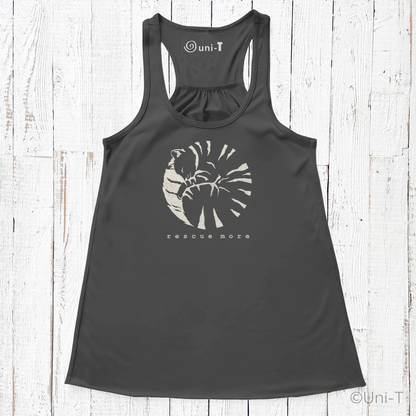 Black 'Rescue More' flowy tank top for women featuring a cat rescue graphic. Soft, breathable fabric ideal for animal rescue advocates.